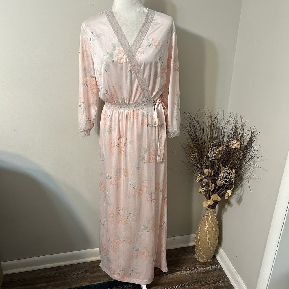 Vtg Texsheen Lingerie Pink Floral Satin Lace Trim Long Robe Elastic Waist Sz L